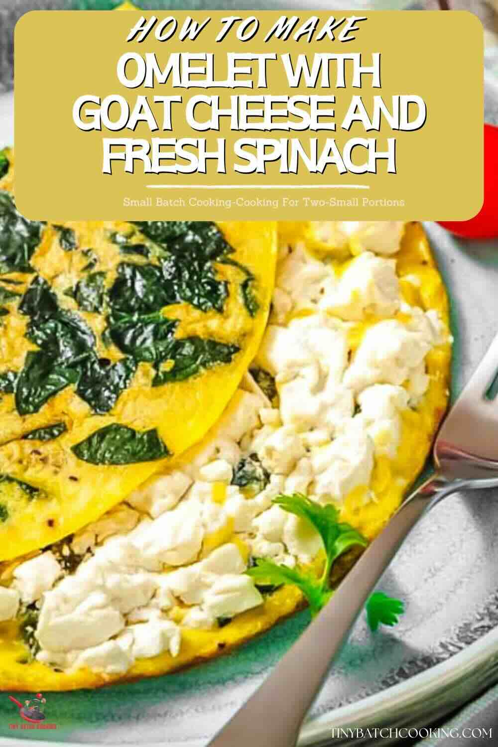 A plate with an omelet filled with goat cheese and fresh spinach, accompanied by a fork and garnished with parsley.