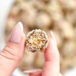 A hand with manicured nails holds a small, round, bite-sized snack coated in white seeds or crumbs, with a blurred background.