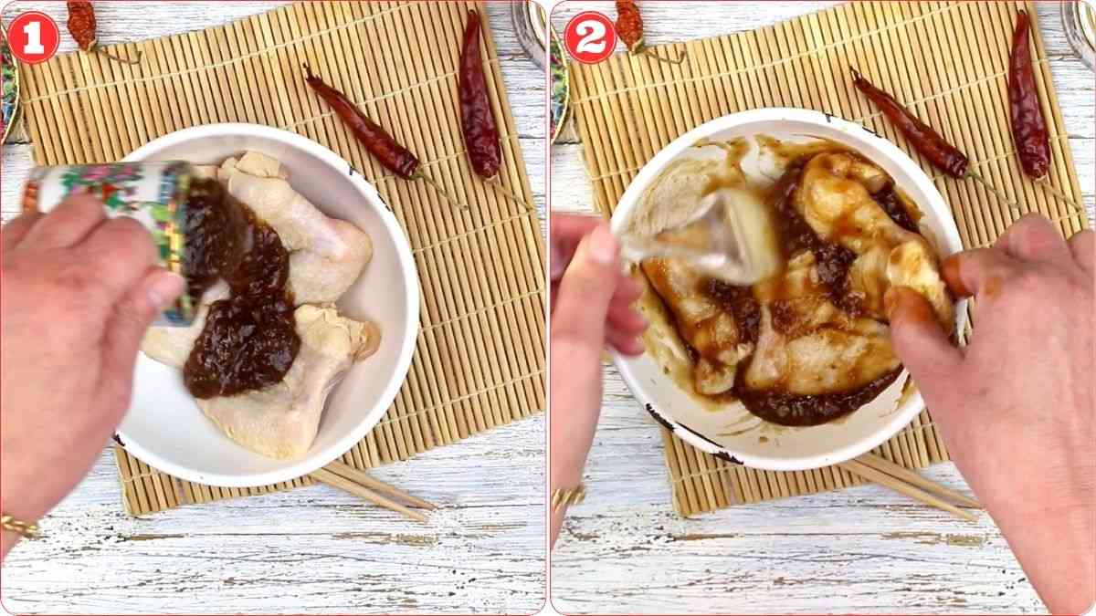 Two-panel image: Raw chicken legs in a bowl. In panel one, sauce is poured over the chicken; in panel two, the chicken is being mixed with the sauce by hand.