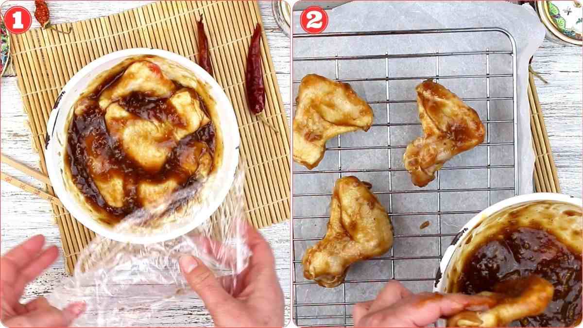 Two-step process: Chicken wings in marinade covered with plastic wrap (left); marinated wings placed on a wire rack over parchment paper (right).