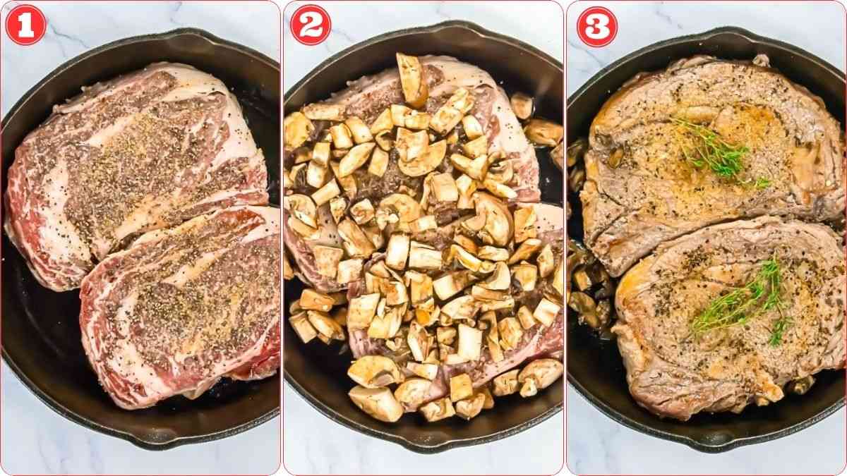 A three-step collage shows raw seasoned steaks, then steaks with chopped mushrooms, and finally cooked steaks garnished with herbs in a skillet.
