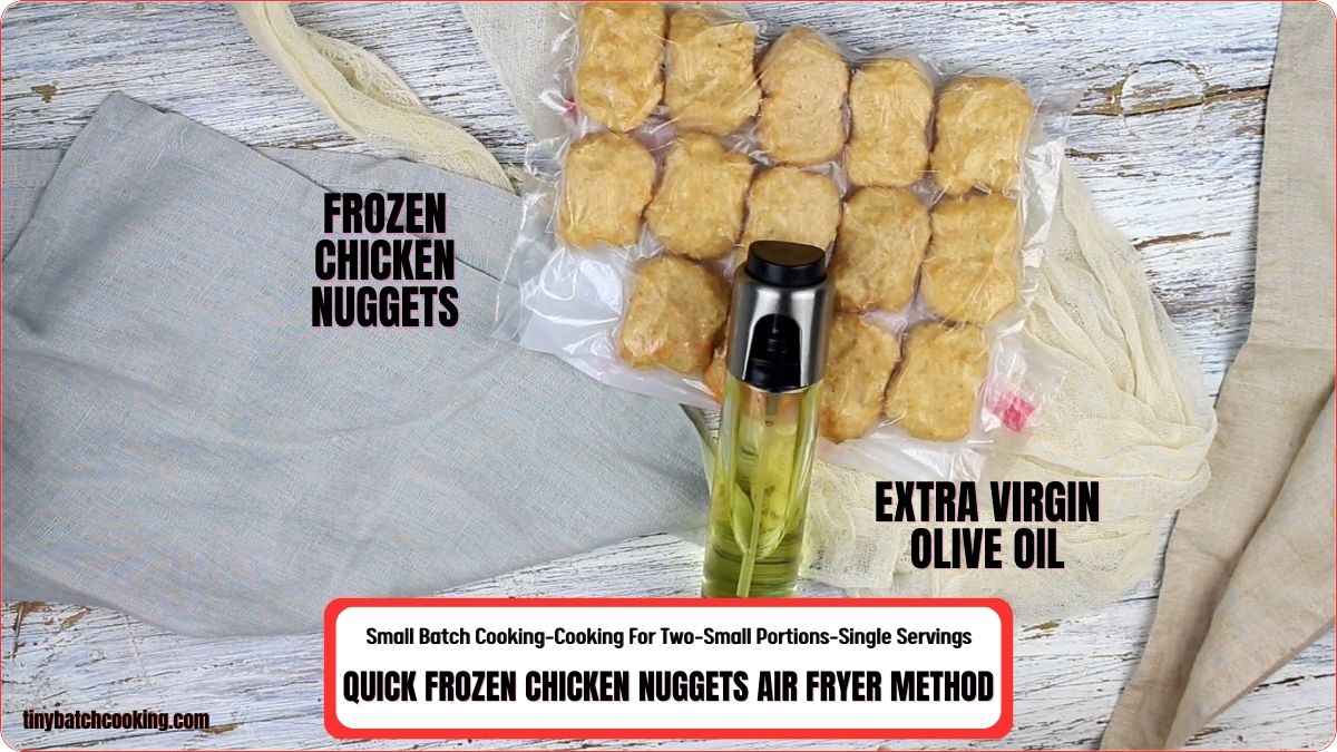 A bag of frozen chicken nuggets and a bottle of extra virgin olive oil are displayed on a table next to a kitchen towel. Text describes an air fryer cooking method for chicken nuggets.